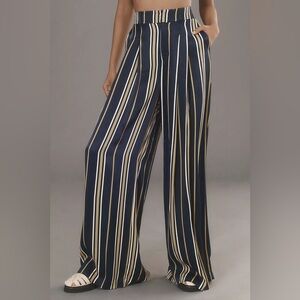 Maeve The Avery Striped Silky Trousers - Navy and Yellow Wide-Leg Pants